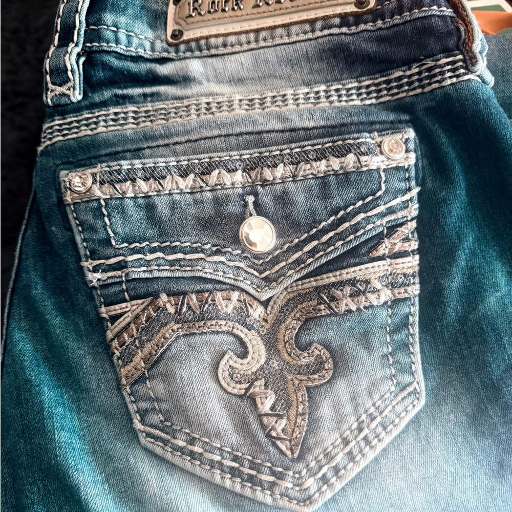 Rock Revival Women's Boot Cut Jeans Teal Blue with Silver Stitching